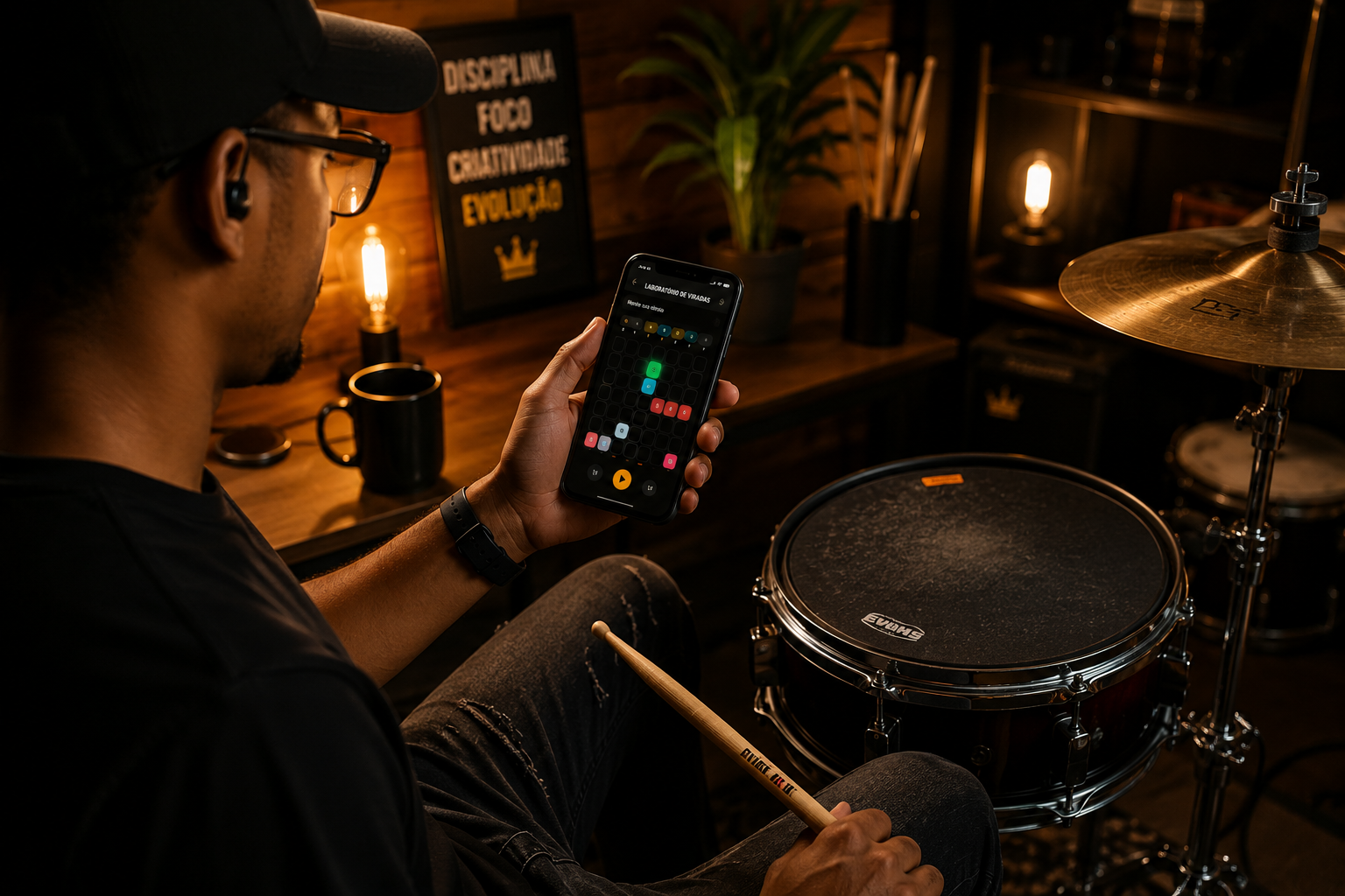 Baterista usando o Laboratório de Viradas no celular